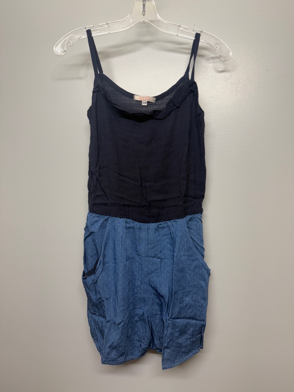 Grob Two-Tone Navy and Chambray Romper with Pockets